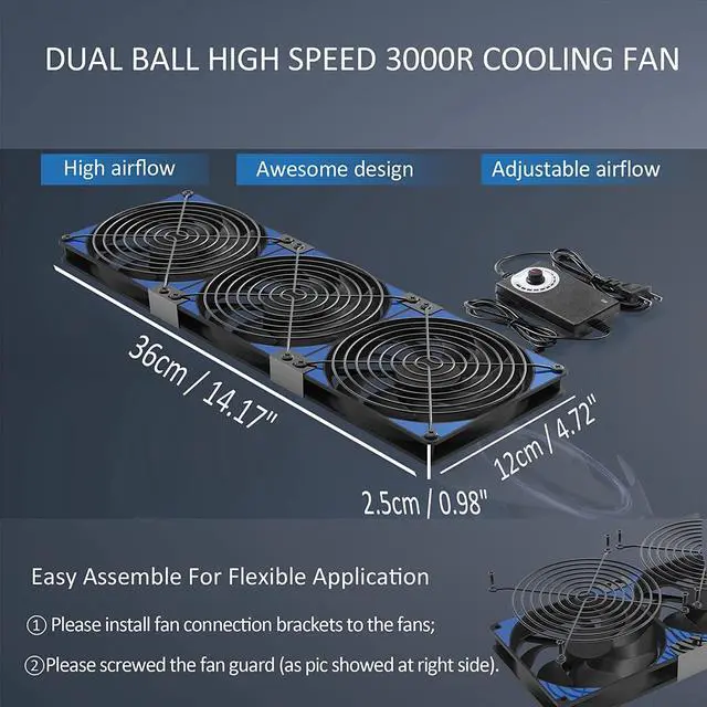 Alt view image 4 of 6 - 360mm Adjustable Computer PC Vent Fans with 3-12V Speed Controller for Chicken Coop Rack Space Window Wall Cabinet Server Mining Rig Exhaust Cooling