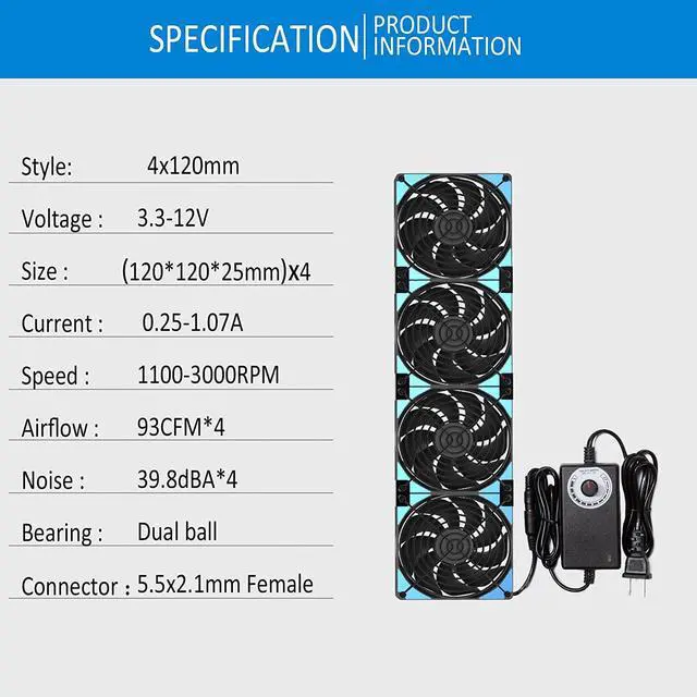 Alt view image 3 of 6 - 480mm Adjustable Computer PC Vent Fans with 3-12V Speed Controller for Chicken Coop Rack Space Window Wall Cabinet Server Mining Rig Exhaust Cooling