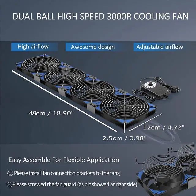 Alt view image 4 of 6 - 480mm Adjustable Computer PC Vent Fans with 3-12V Speed Controller for Chicken Coop Rack Space Window Wall Cabinet Server Mining Rig Exhaust Cooling