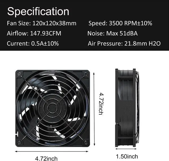 Alt view image 5 of 6 - 120x38mm PC Computer Fan DC 12V D Type 4Pin Cooling Fan High Speed Brushless Exhaust Fan For Computer Case 3500RPM 148CFM