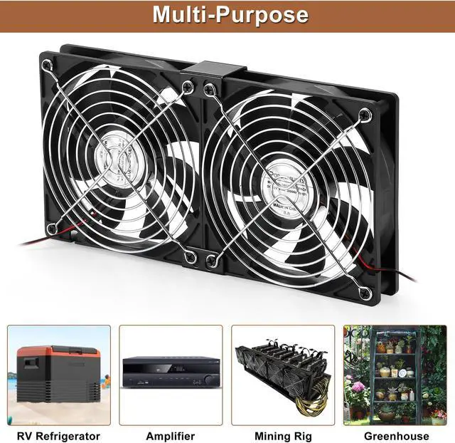 Alt view image 3 of 6 - 12V DC IP67 Waterproof Fan 120mmx25mm 4.72inch 2-Pack High Speed 12 Volt Dual Ball Bearing 2 Wire 3Pin Exhaust Cooling Fan 3000RPM