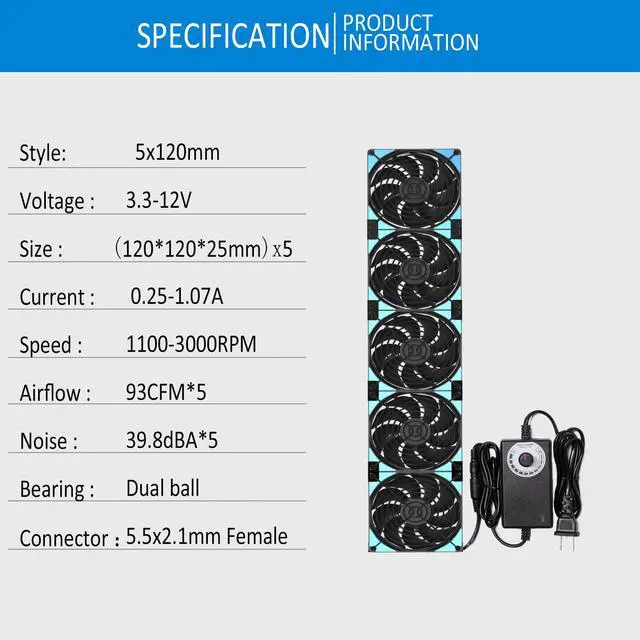 Alt view image 3 of 6 - PANO-MOUNTS 120mmx5 600mm Adjustable Computer PC Vent Fans with 3V-12V Speed Controller for Flexible Arrange Rack Space Window Wall Cabinet Server Mining Rig Chicken Coop Exhaust Cooling