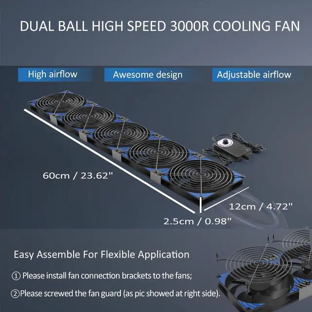 Alt view image 4 of 6 - PANO-MOUNTS 120mmx5 600mm Adjustable Computer PC Vent Fans with 3V-12V Speed Controller for Flexible Arrange Rack Space Window Wall Cabinet Server Mining Rig Chicken Coop Exhaust Cooling