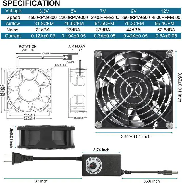 Alt view image 2 of 7 - PANO-MOUNTS 12V 92mmx38mm 90mm Moisture-Proof Small Computer Muffin Exhaust Vent Fan with 110V 120V 220V Speed Controller 3.3V-12V 1500-4500RPM Variable Speed