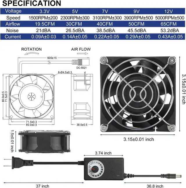 Alt view image 2 of 7 - PANO-MOUNTS Moisture-Proof 12V DC 80mm Fan 8038 Small Computer Muffin Exhaust Vent Case Fan with 110V 120V 220V Speed Controller 3.3V-12V 1500-5000RPM Variable Speed