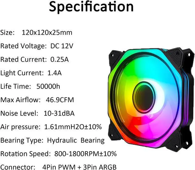 Alt view image 4 of 6 - PANO-MOUNTS 120mm RGB Fans 5V 3Pin Addressable RGB PWM PC Computer CPU Case Cooling Fan With SATA Adapter Cable 800-1800RPM 3-Pack Black