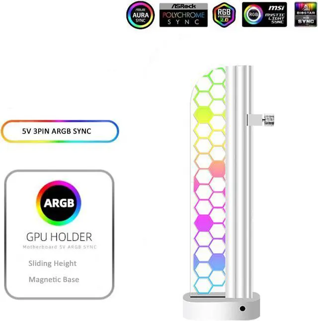 Main image of PANO-MOUNTS 5V 3-Pin ARGB Addressable RGB GPU Support Bracket Holder Sliding Height Adjustable Magnetic With Acrylic For Graphics and Video Cards White