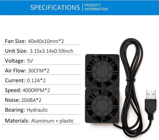 Alt view image 2 of 7 - PANO-MOUNTS 40mmx2 Mini USB Radiator Fan Silent and Efficient 4010 Fan With Included 5mm Aluminum Heat Sink and Thermal Pad for Graphics Cards Router HDD 3D Printer