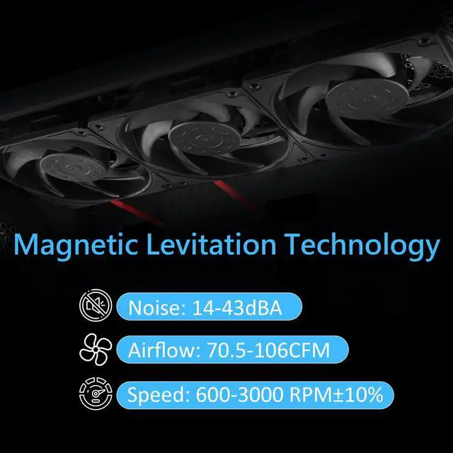Alt view image 6 of 6 - 120mm Case Fan Premium Magnetic Levitation High-Performance 4-Pin PWM 12025 PC Computer Cooling Fan 600-3000RPM Black Triple-Pack