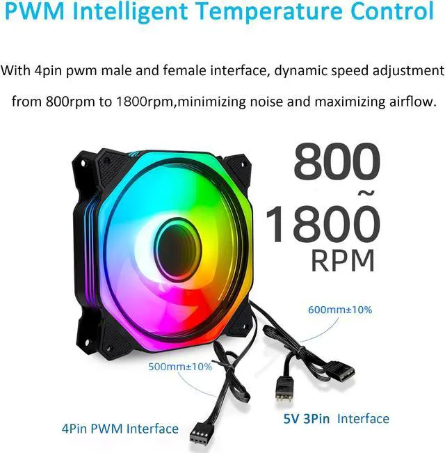 Alt view image 3 of 6 - PANO-MOUNTS 120mm RGB Fans 5V 3Pin Addressable RGB PWM PC Computer CPU Case Cooling Fan With SATA Adapter Cable 800-1800RPM 3-Pack Black