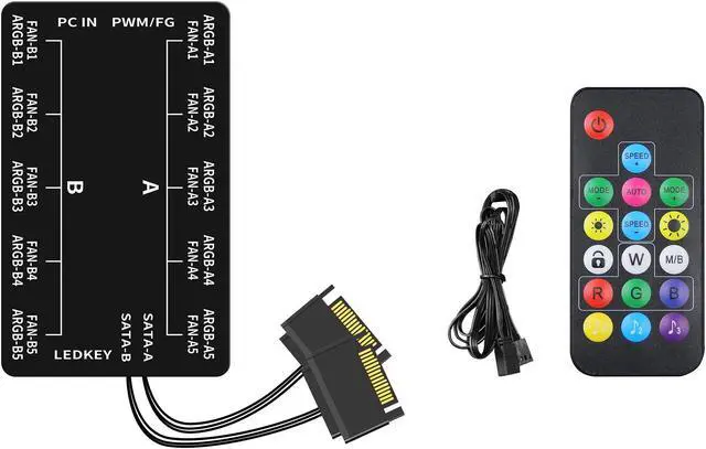 Main image of PWM Fan Hub For 5V Addressable RGB Computer PC Case Fan PWM 1 to 10 Ports Magnetic Fan Hub Splitter With Remote Dual SATA Power Supply Black