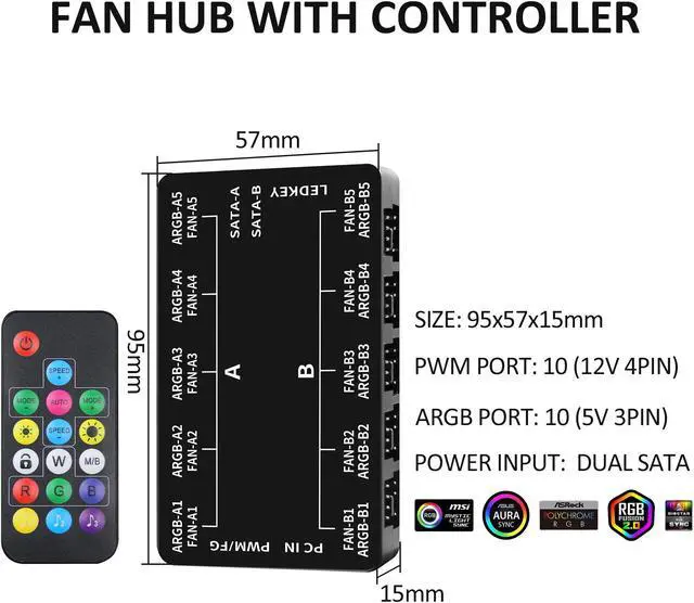 Alt view image 3 of 7 - PWM Fan Hub For 5V Addressable RGB Computer PC Case Fan PWM 1 to 10 Ports Magnetic Fan Hub Splitter With Remote Dual SATA Power Supply Black