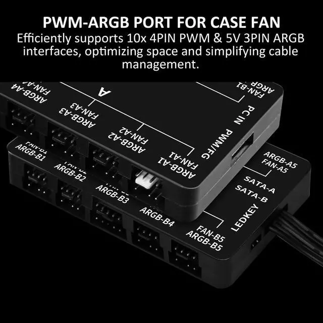 Alt view image 7 of 7 - PWM Fan Hub For 5V Addressable RGB Computer PC Case Fan PWM 1 to 10 Ports Magnetic Fan Hub Splitter With Remote Dual SATA Power Supply Black