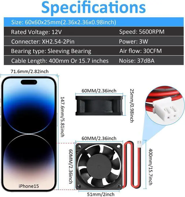 Alt view image 2 of 6 - 60mm 12V DC Cooling Fan High Airflow 60mmx25mm 12V 2Pin Amp Fans for Car Audio Vent Cooling Fan Low Noise 5600RPM 2-Pack