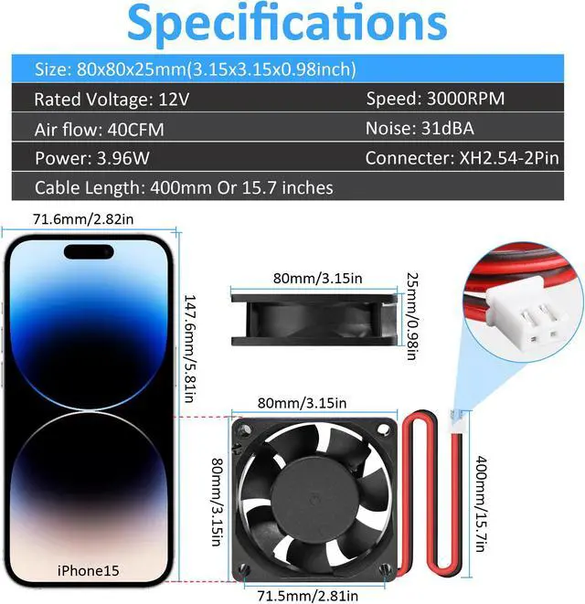 Alt view image 2 of 7 - 80mm 12V DC  Computer Fan 3.15 inch 2 Pin XH 2.54 8025 High Performance Power Supply Cooling Fan 3000RPM 2-Pack