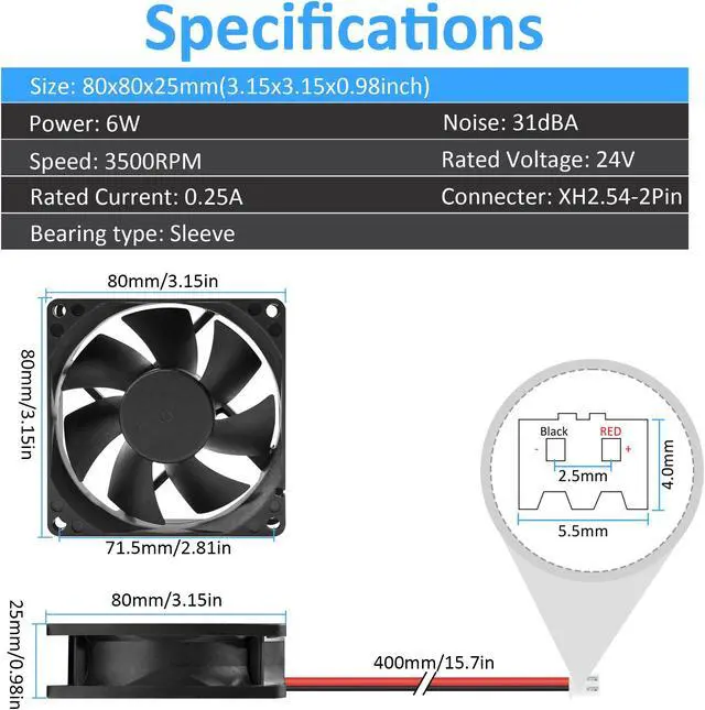 Alt view image 4 of 7 - 80mm 24V DC Cooling Fan CF8025 High Speed 24V 80mm 25mm 2Pin PC Exhaust Muffin Fan Low Noise 3500RPM 2-Pack