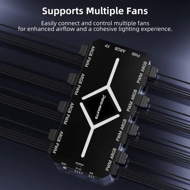 Alt view image 3 of 6 - PWM Fan Hub For 5V Addressable ARGB Computer PC Case Fan PWM 1 to 9 Ports Magnetic Fan Hub Splitter With Remote SATA Power Supply Black
