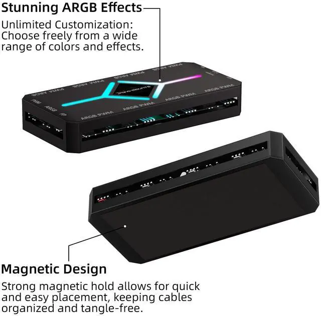 Alt view image 4 of 6 - PWM Fan Hub For 5V Addressable ARGB Computer PC Case Fan PWM 1 to 9 Ports Magnetic Fan Hub Splitter With Remote SATA Power Supply Black