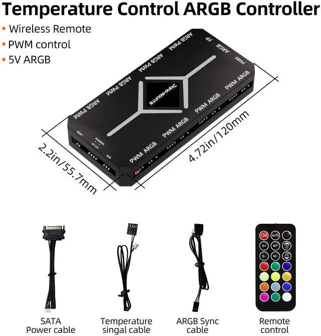 Alt view image 6 of 6 - PWM Fan Hub For 5V Addressable ARGB Computer PC Case Fan PWM 1 to 9 Ports Magnetic Fan Hub Splitter With Remote SATA Power Supply Black
