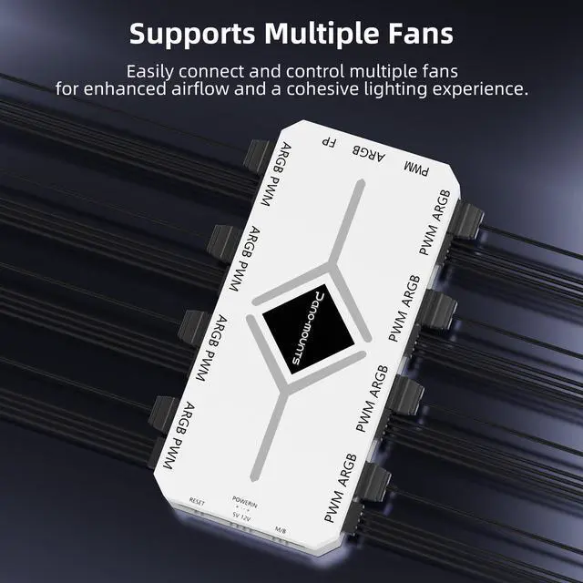 Alt view image 3 of 7 - PANO-MOUNTS PWM Fan Hub For 5V Addressable ARGB Computer PC Case Fan PWM 1 to 8 Ports Magnetic Fan Hub Splitter With Remote SATA Power Supply White