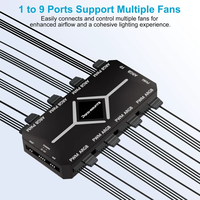 Alt view image 3 of 6 - PWM & ARGB Fan Hub -1 to 9 Port PC Fan Splitter Magnetic with Remote Fan Control Hub Simultaneous Remote Speed RGB Lighting Magnetic Installation for 5V 3-Pin Addressable PC Fans SATA Powered Black