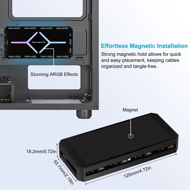 Alt view image 4 of 6 - PWM & ARGB Fan Hub -1 to 9 Port PC Fan Splitter Magnetic with Remote Fan Control Hub Simultaneous Remote Speed RGB Lighting Magnetic Installation for 5V 3-Pin Addressable PC Fans SATA Powered Black