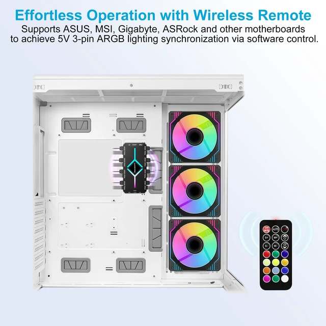 Alt view image 5 of 6 - PWM & ARGB Fan Hub -1 to 9 Port PC Fan Splitter Magnetic with Remote Fan Control Hub Simultaneous Remote Speed RGB Lighting Magnetic Installation for 5V 3-Pin Addressable PC Fans SATA Powered Black
