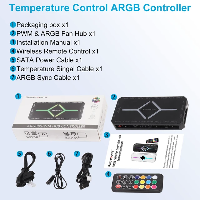 Alt view image 6 of 6 - PWM & ARGB Fan Hub -1 to 9 Port PC Fan Splitter Magnetic with Remote Fan Control Hub Simultaneous Remote Speed RGB Lighting Magnetic Installation for 5V 3-Pin Addressable PC Fans SATA Powered Black