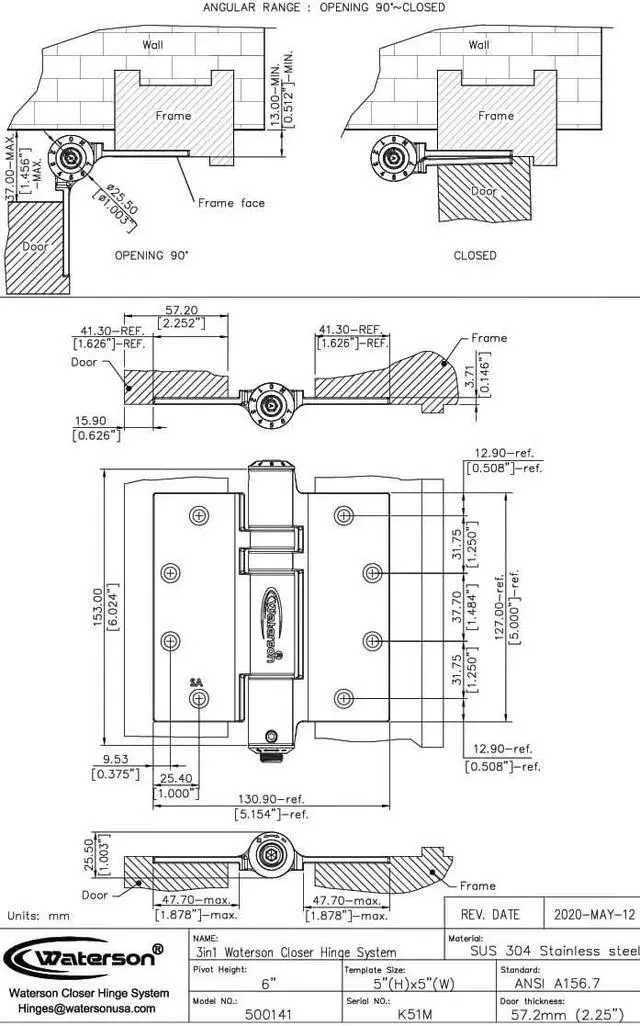 Alt view image 5 of 7 - Waterson Heavy Duty Commercial Fully Adjustable Self-Closing Door Hinge 3-Pack 5" x 5"  K51M-500 (SA,SA,SA1)-Satin Brushed