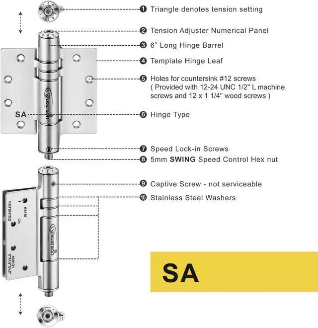 Alt view image 4 of 7 - Waterson Heavy Duty Commercial Fully Adjustable Self-Closing Door Hinge 3-Pack 5" x 5"  K51M-500 (SA,SA,SA1)-Satin Brushed