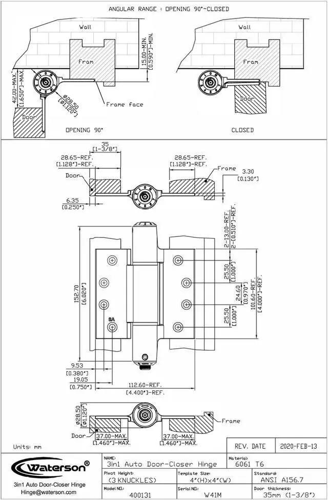 Alt view image 5 of 7 - Waterson Residential Fully Adjustable Soft Closing Spring Hinge 4 x 4  W41M-400 (SA.HS.SA1)  Aluminum Silver - Anodized Clear