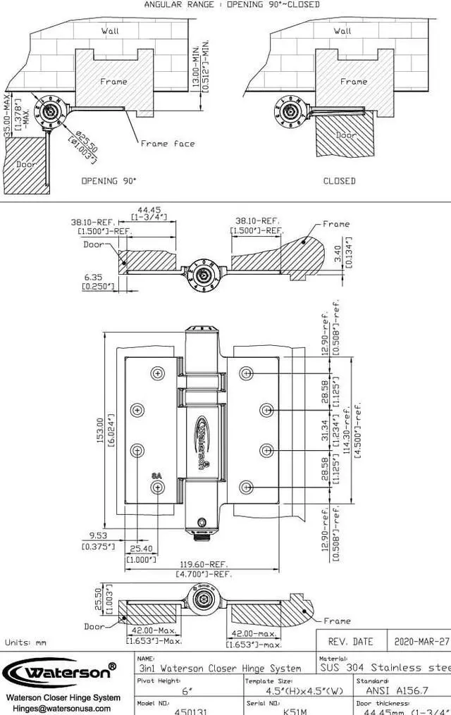 Alt view image 5 of 7 - Waterson Heavy Duty Commercial Fully Adjustable Hydraulic Self-Closing Door Hinge 3-Pack 4.5" x 4.5"  K51M-450 (DS,HA,SA1)-Dark Satin Bronze