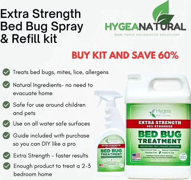 Alt view image 2 of 5 - Hygea Natural Extra Strength Bed Bug and Mite Spray Kit - Treatment Value Combo Pack; 24 oz Spray and 128 oz Refill w/ 6+ Full Refills - Non Toxic, Odorless, Safe for Children and Pets