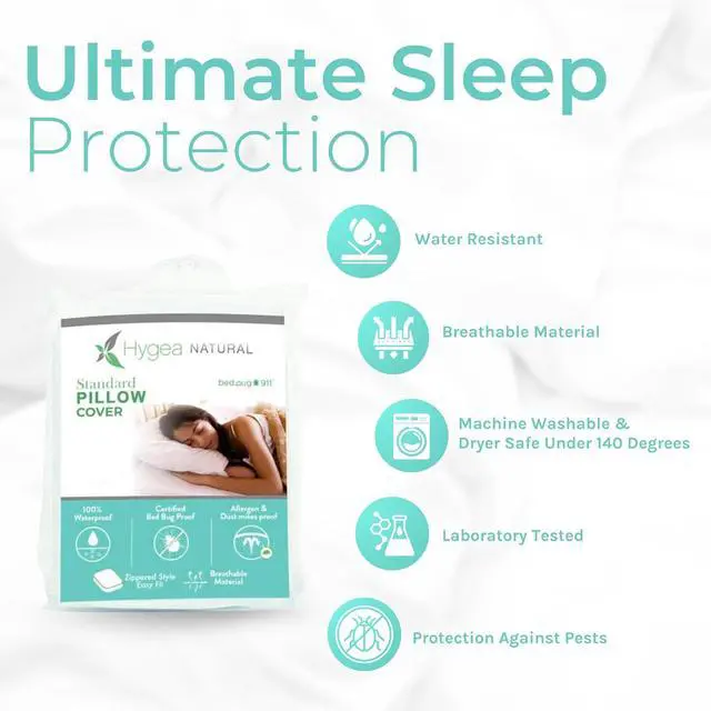 Alt view image 2 of 6 - Hygea Natural - Hypo-Allergenic, Bed bug proof, Water Resistant - Standard King Size Bed Bug Pillow Cover - King 21" x 37" - 2 Pack