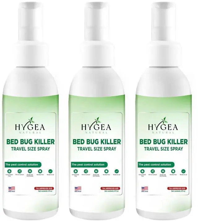 Main image of Hygea Natural Bed Bug Treatment Travel Spray - TSA Approved Size - For Hotels, Suitcase, Backpacks - Fast Acting Protection - Children & Pet Safe - Non Toxic & Odorless - (3 oz) (3 Pack)