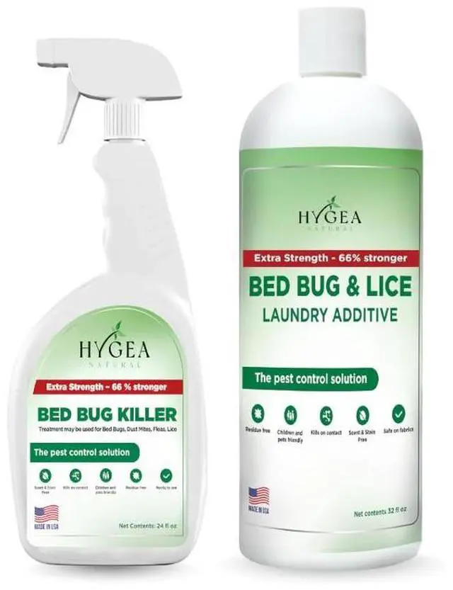 Main image of Hygea Natural Extra Strength Bed Bug, Lice and Mite Spray Treatment kit - Natural Non Toxic, Safe & Odorless. Includes: 24 Oz bed bug spray and 32 Oz bed bug laundry additive