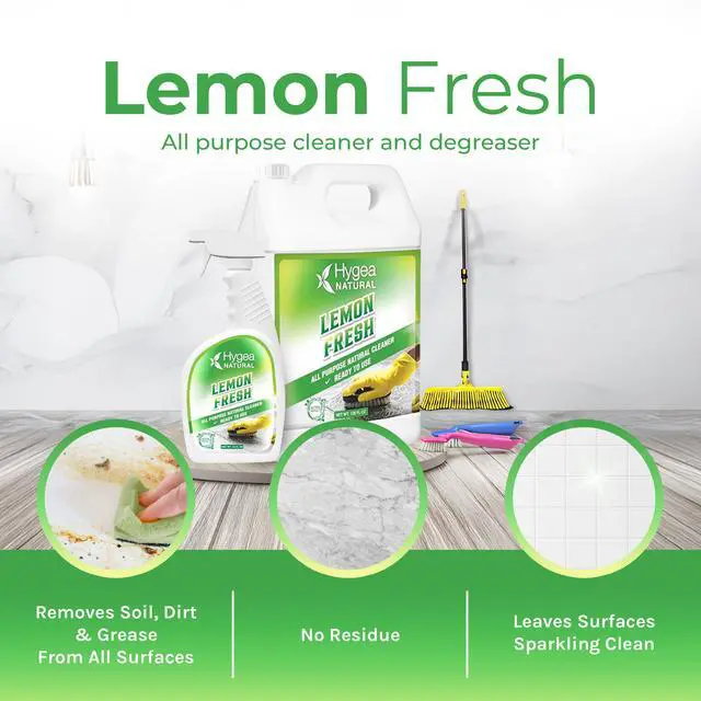 Alt view image 2 of 6 - Hygea Natural Lemon Fresh All Purpose Cleaner & Degreaser- Multi-Surface -Non Toxic Floor Cleaner- Remove Soil, Dirt and Grease- Wet Gloss Finish- Biodegradable, Ammonia Free -Concentrated Gallon