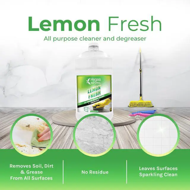 Alt view image 2 of 7 - Hygea Natural Lemon Fresh All-Purpose Cleaner & Degreaser - Multi-Surface -Non Toxic Floor Cleaner - Remove Soil, Dirt and Grease- Wet Gloss Finish- Biodegradable, Ammonia Free - Concentrated Gallon