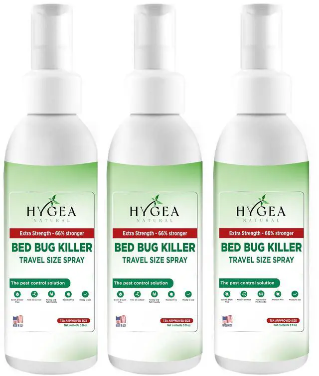 Main image of Hygea Natural Extra-Strength Bed Bug & Lice Killer Travel Spray - TSA Approved Size - For Hotels, Suitcase, Backpacks - Fast Acting Protection - Children & Pet Safe - Non Toxic & Odorless - 3 oz