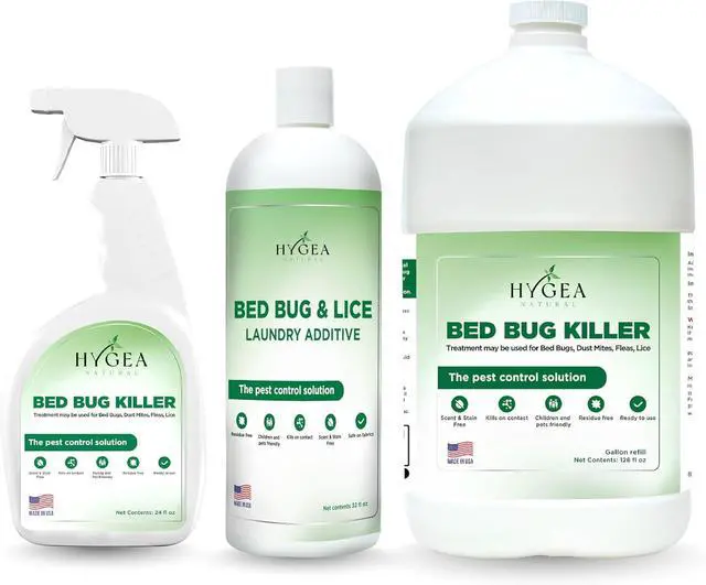 Main image of Hygea Natural Exterminator Combo Pack, Non Toxic Treatment, Natural Bugs & Lice Eradicator, Includes Bed Bug Spray 24 oz, Refill 128 oz & Laundry Treatment 32 oz