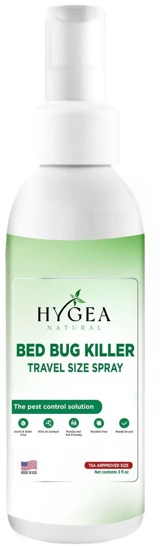 Main image of Hygea Natural Bed Bug & Lice Killer Travel Spray - TSA Approved Size - For Hotels, Suitcase, Backpacks - Fast Acting Protection - Children & Pet Safe - Non Toxic & Odorless - 3 oz