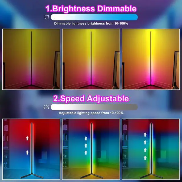 Alt view image 6 of 7 - RGB Corner Floor Lamp for Gaming Room, 65.3" Dimmable LED Modern Floor Lamp with Adjustable Height/ Brightness/ Speed, Music Sync, APP, Remote Control, Color Changing Light for Home, Disco, Club, etc.