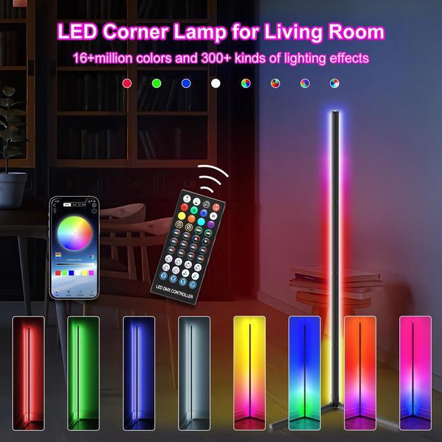 RGB Corner Floor Lamp for Gaming Room, 65.3 Dimmable LED Modern Floor Lamp  with Adjustable Height/ Brightness/ Speed, Music Sync, APP, Remote Control,  Color Changing Light for Home, Disco, Club, etc. 