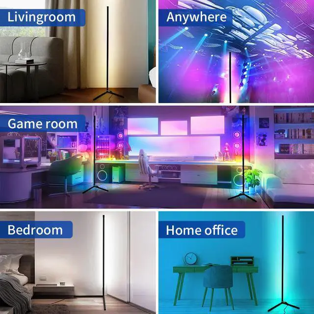 Alt view image 7 of 7 - RGB Corner Floor Lamp for Gaming Room, 65.3" Dimmable LED Modern Floor Lamp with Adjustable Height/ Brightness/ Speed, Music Sync, APP, Remote Control, Color Changing Light for Home, Disco, Club, etc.