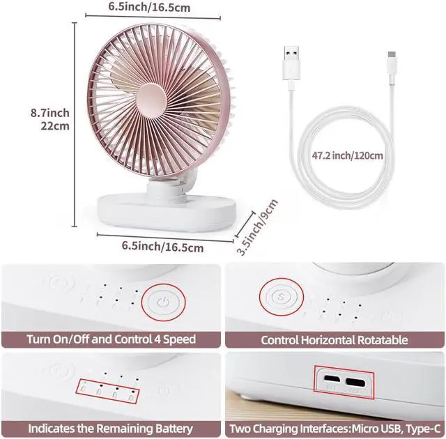 Alt view image 4 of 6 - USB Desk Fan Oscillating 4000mAh - Small Desk Fan Battery Operated or USB Powered Fan Quiet Personal Fan 4 Speeds Desktop Fan Table Fans 6,5 Inch Portable Fan for Home Office Travel Camping Rose Gold