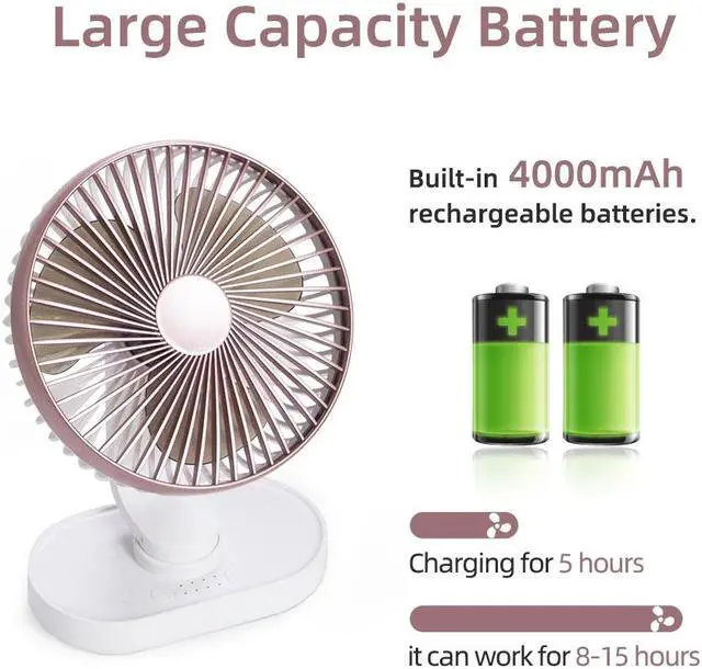 Alt view image 2 of 6 - USB Desk Fan Oscillating 4000mAh - Small Desk Fan Battery Operated or USB Powered Fan Quiet Personal Fan 4 Speeds Desktop Fan Table Fans 6,5 Inch Portable Fan for Home Office Travel Camping Rose Gold