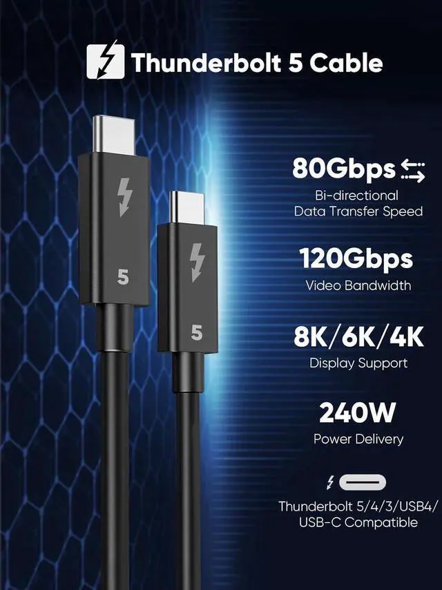 Alt view image 2 of 6 - Thunderbolt 5 Cable, Supports 8K Display/ 80Gbps Data Transfer/ 120Gbps Bandwidth Boost/ 240W Fast Charging, Compatible with Thunderbolt 4, USB4, Thunderbolt 3 and USB-C, Black, 3.3FT