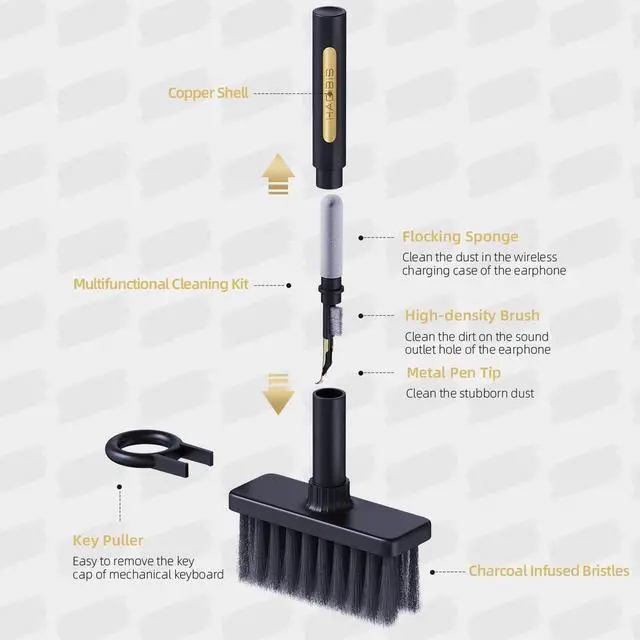 Alt view image 7 of 7 - Hagibis Cleaning Soft Brush Charcoal Infused Bristles Keyboard Cleaner 5-in-1 Multi-Function Cleaning Tools Kit Corner Keycap Puller Remover Multi Brush for PC Laptop Airpods Pro Camera Lens (Black)