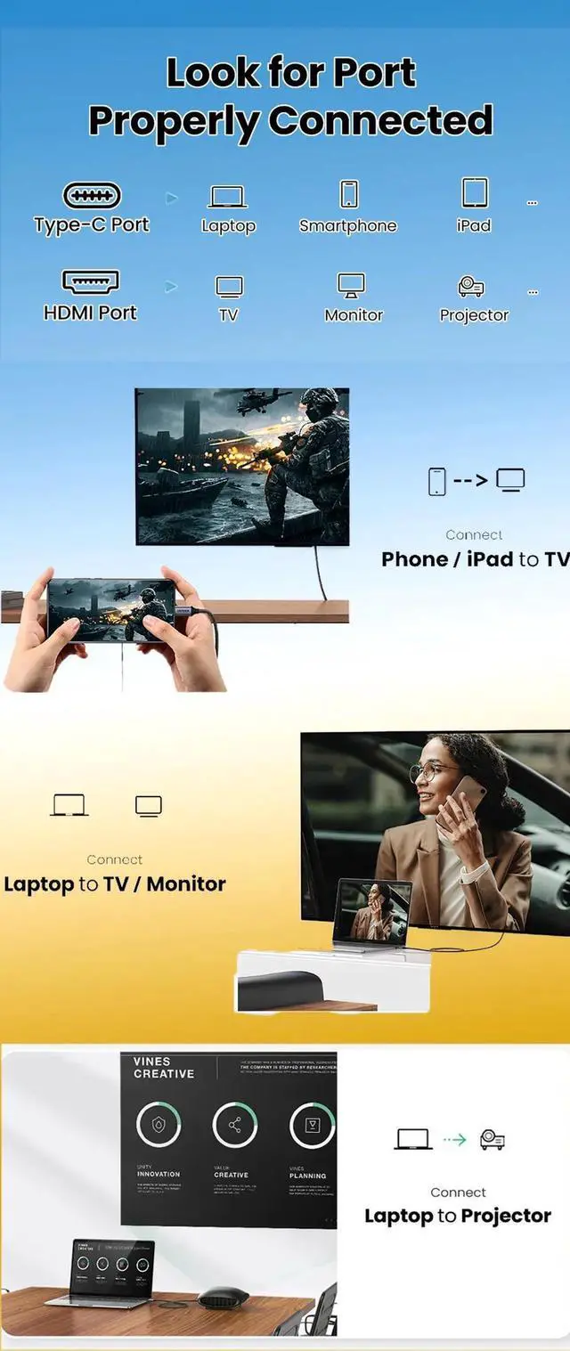 Alt view image 2 of 7 - USB C to HDMI 2.1 Cable 8K@60Hz 4K@240Hz 6.6FT Type C to HDMI Ultra High-Speed Cord Thunderbolt 4/3 HDR HDCP 2.3 Compatible with MacBook Pro/Air, iMac, iPad Pro, Galaxy S23