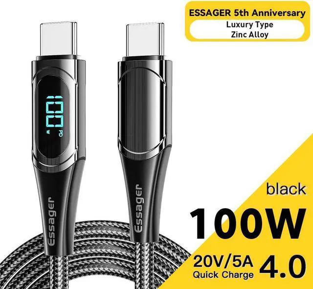 Main image of PD 100W USB C to USB C Cable [3.3ft, 1-pack], 5A Fast Charging USB C Cable with LED Display, Zinc Alloy Nylon Braided Type C Cable for Samsung S21 S20 Note 20 MacBook Pro Google Pixel etc